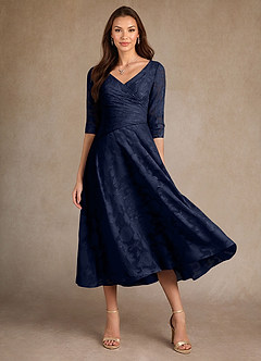 Azazie Durant Mother of the Bride Dresses Dark Navy A-Line Pleated Floral Burnout Dress image2