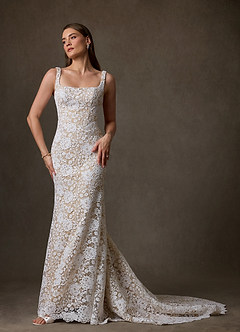 Azazie Amara Wedding Dresses Diamond White Nude Mermaid Square Neckline Lace Dress image5