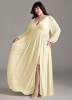 Azazie Norah Robes de demoiselle d'honneur Robe Trapèze en Mousseline de soie Col en V, manches longues Sorbet Citron image10