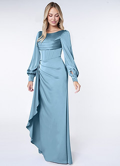 Azazie Raye Bridesmaid Dresses Steel Blue Mermaid Long Sleeve Stretch Satin Dress image3