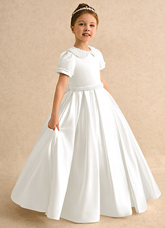 Azazie Gabriella Blumenmädchenkleider Ballkleid mit ärmel Matte Satin Kleid Elfenbein image1