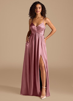 Azazie Alia Bridesmaid Dresses Vintage Mauve A-Line Pleated Metallic Satin Dress image1