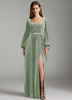 Azazie Leonia Bridesmaid Dresses Dusty Sage A-Line Long Sleeve Velvet Dress image1