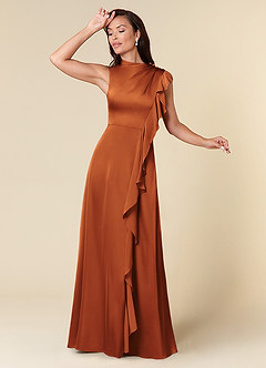 Azazie Narine Mother of the Bride Dresses Cinnamon A-Line High Neckline Pleated Stretch Satin Dress image1