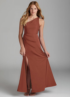 Azazie Maron Junior Auburn A-Line Pleated Stretch Satin Dress image1