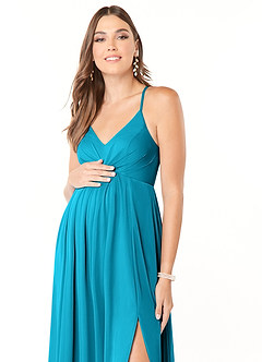 Azazie Annabelle Maternity Bridesmaid Dresses A-Line V-Neck Pleated Mesh Floor-Length Dress image6