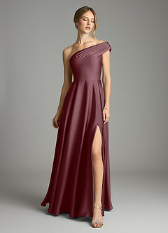 Azazie Melanie Bridesmaid Dresses Sangria A-Line Off the Shoulder Stretch Satin Dress image3