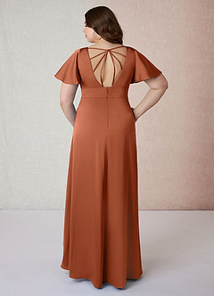 Azazie Lani Bridesmaid Dresses Cedar Rose A-Line Flounce Sleeve Stretch Satin Dress image8