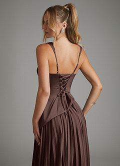 Azazie Stephanie At-home Try On Dresses Burgundy A-Line Corset Stretch Satin Dress image10