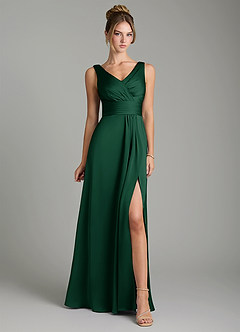 Azazie Karina Bridesmaid Dresses Dark Green A-Line Pleated Stretch Satin Dress image6