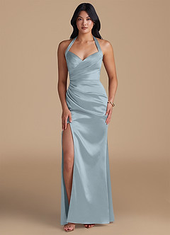 Azazie Emeria Bridesmaid Dresses Dusty Blue Sheath Side Slit Metallic Satin Dress image1