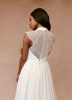 Azazie Cersei At-home Try On Dresses Diamond White A-Line Pleated Chiffon Dress image6