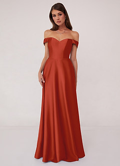 Barbie ♥ Azazie Bridesmaid Dresses Rust A-Line Off the Shoulder Stretch Satin Convertible Dress image1