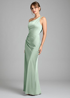 Azazie Madelyn Vestidos de damas de honor Vestido de Agave de Satén Elástico de Corte Sirena Convertible con Hombro unilateral image6