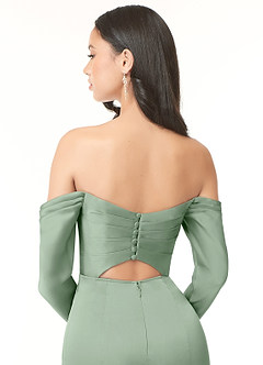 Azazie Hallie Jurken voor bruidsmeisjes Converteerbaar Jurk van Stretch Satijn met Kolom Off-the-shoulder lange mouw Matcha image7