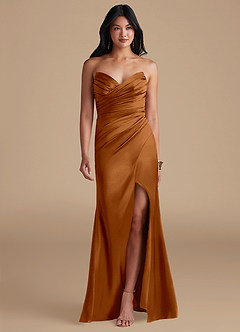 Azazie Yola Bridesmaid Dresses Copper Sheath Pleated Metallic Satin Dress image1