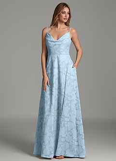 Azazie Sarella At-home Try On Dresses Sky Blue A-Line Pleated Floral Burnout Dress image4