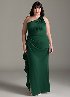 Azazie Latrice Vestidos de damas de honor Vestido de Verde Oscuro de Satén Elástico de Corte Recto con Volantes en cascada Un hombro image6