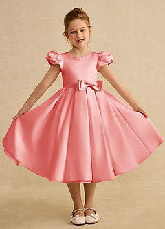 Azazie Pearl Flower Girl Dresses Coral Ball-Gown Pleated Matte Satin Dress image4