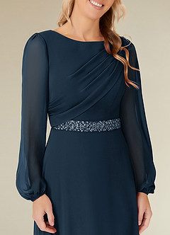Azazie Priyanka Mother of the Bride Dresses Dark Navy A-Line Boatneck Pleated Chiffon Dress image3