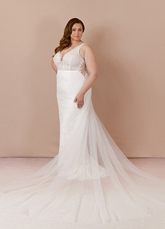 Azazie Gracen Wedding Dresses Diamond White Mermaid V-Neck Lace Tulle Dress image14