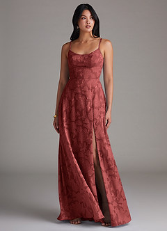 Azazie Moira Bridesmaid Dresses Terracotta A-Line Side Slit Floral Burnout Dress image4