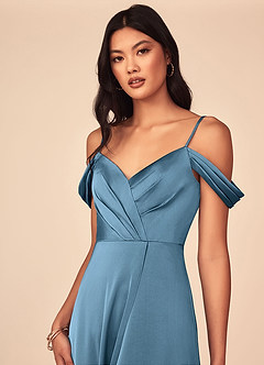 Azazie Ocean Robes de demoiselle d'honneur Robe Trapèze en Satin extensible Col V plissé Acier Bleuté image4