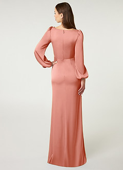 Azazie Mel Bridesmaid Dresses Coral Sheath Long Sleeve Stretch Satin Dress image2