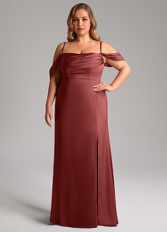 Azazie Saige Bridesmaid Dresses Terracotta Sheath Off the Shoulder Stretch Satin Dress image15