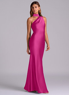 Azazie Seona Robes de demoiselle d'honneur Robe Sirène en Satin extensible Une épaule Fuchsia image5