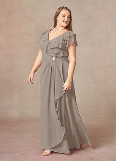 Azazie Snapdragon Mother of the Bride Dresses Taupe A-Line V-Neck Ruched Chiffon Dress image8