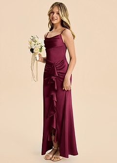 Azazie Rosalia Junior Burgundy Sheath Pleated Stretch Satin Dress image3