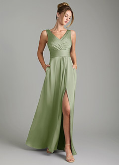 Azazie Karina Bridesmaid Dresses Dusty Sage A-Line Pleated Stretch Satin Dress image1