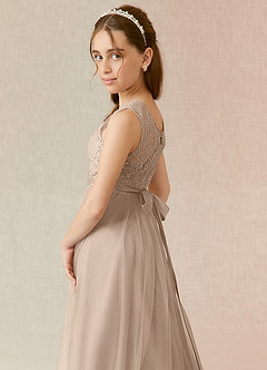 Azazie Georgette Junior Taupe A-Line Lace Tulle Dress image6