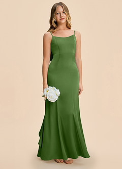 Azazie Lioren Junior Basil Sheath Bow Stretch Satin Dress image2