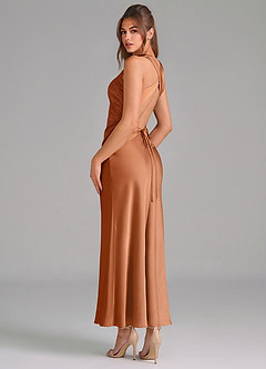 Azazie Evadne Bridesmaid Dresses Copper Sheath Pleated Stretch Satin Dress image2
