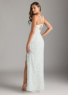 Azazie Mero Bridesmaid Dresses Blue And White Ditsy Floral Sheath Pleated Chiffon Dress image5