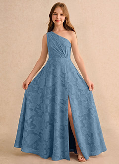 Azazie Pudles Girls Formal Flower Girl Dresses Steel Blue A-Line One Shoulder Floral Burnout Dress image3