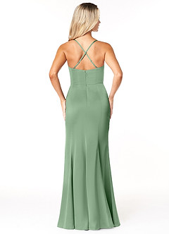 Azazie Marzia Vestidos de damas de honor Vestido de Matcha de Satén Elástico de Corte Recto con Cuello V Plisado image2