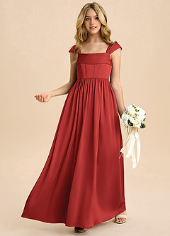 Azazie Hattie Junior Pomegranate A-Line Pleated Stretch Satin Dress image4