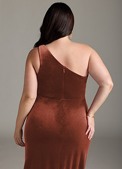 Azazie Argan Vestidos de damas de honor Vestido de Terracota de terciopelo de Corte en A con Plisado con un hombro image13