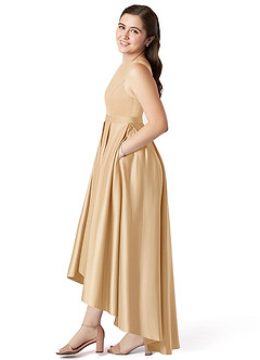 Azazie Inaya Junior Gold A-Line with Belt Stretch Satin Dress image3