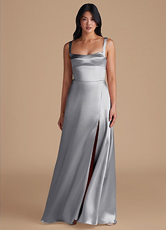 Azazie Hope Robes de demoiselle d'honneur Robe Trapèze en Satiné métallisé avec poches Argent image2