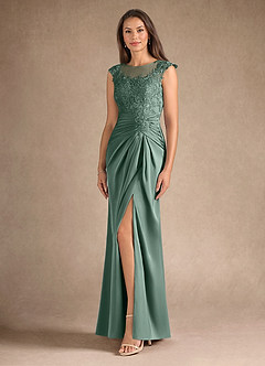 Azazie Santa Barbara Mother of the Bride Dresses Eucalyptus Sheath Pleated Stretch Satin Dress image2