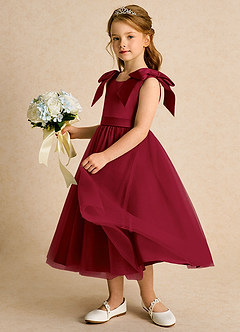 Azazie Serene Flower Girl Dresses Burgundy Ball-Gown Bow Matte Satin Dress image2