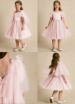 Azazie Duchess Flower Girl Dresses Blushing Pink A-Line with Sleeves Tulle Dress image2