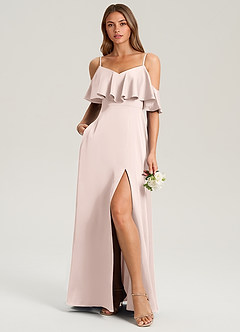 Azazie Jean Bridesmaid Dresses Blushing Pink A-Line Off the Shoulder Stretch Satin Dress image3