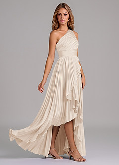 Azazie Lyrica 신부 들러리 드레스 A라인 한쪽 어깨 스트레치 새틴 비대칭 드레스 image3