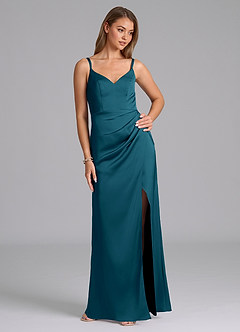 Azazie Leo Robes de demoiselle d'honneur Robe Fourreau en Satin extensible Plissée Bleu Encre image5