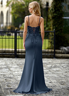 Bellara Marine Appliziertes Perlenbesetztes V-Ausschnitt Abendkleid image2